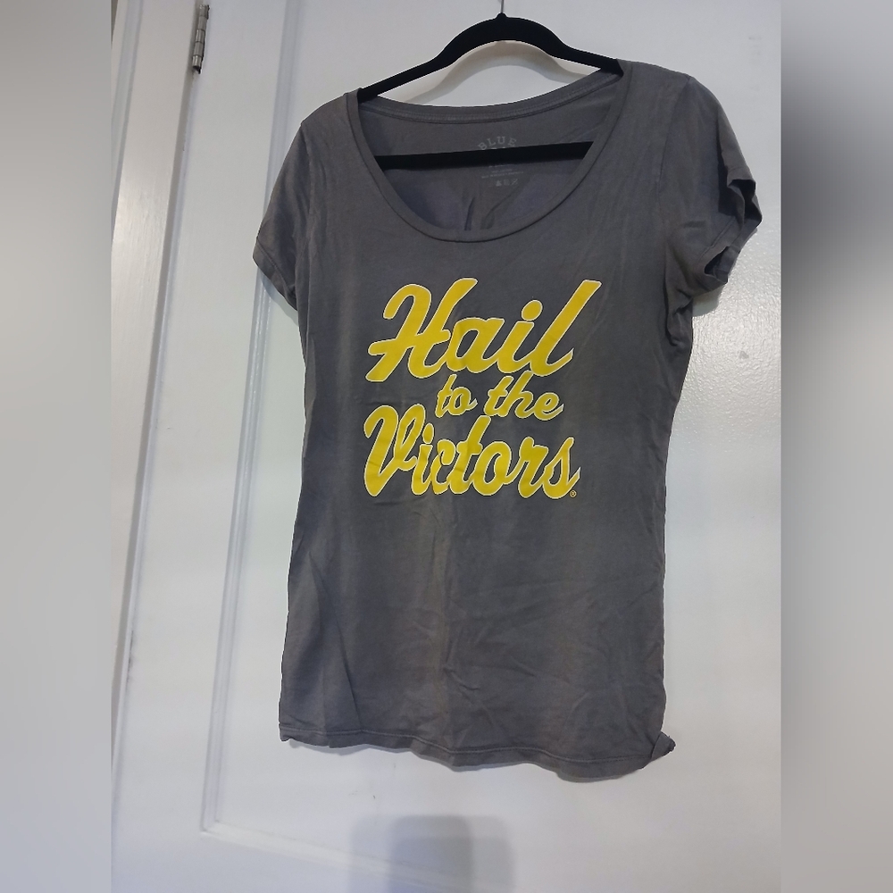 Michigan Hail to the Victor's U of M, Grey shirt with yellow writing, XL